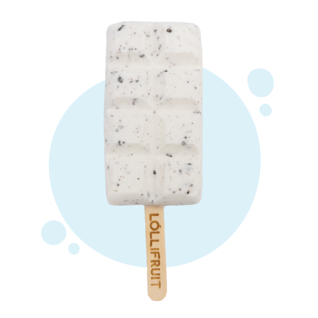 A white lollipop with a wooden stick that says lollifruit