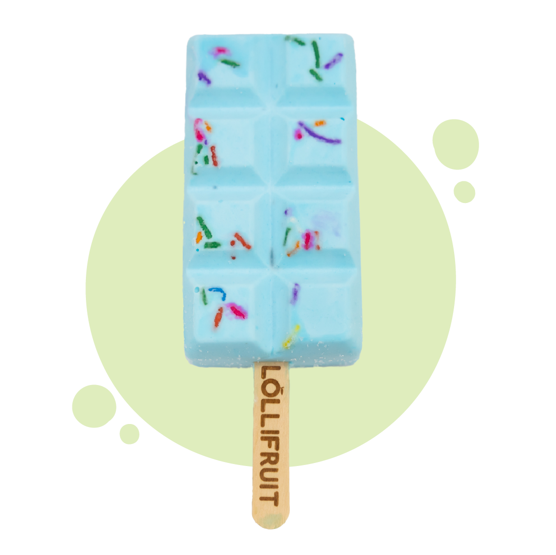 A blue lollipop with sprinkles on it is on a stick.