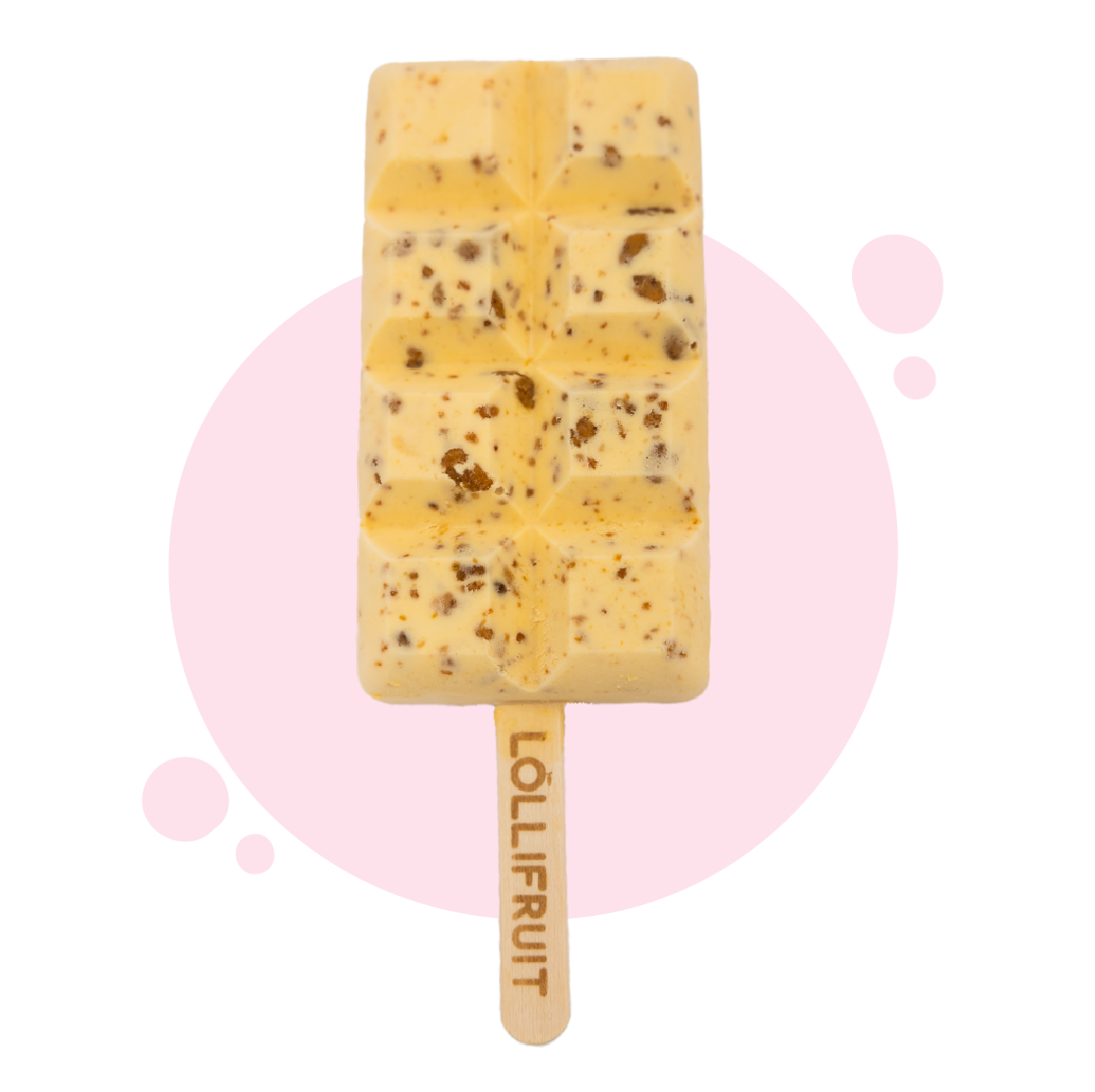 A lollipop with a wooden stick that says lollifruit on it.
