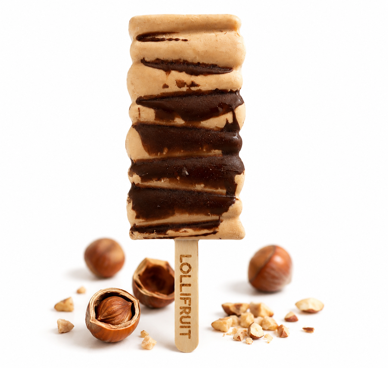 A lollifruit ice cream bar with chocolate sauce on it