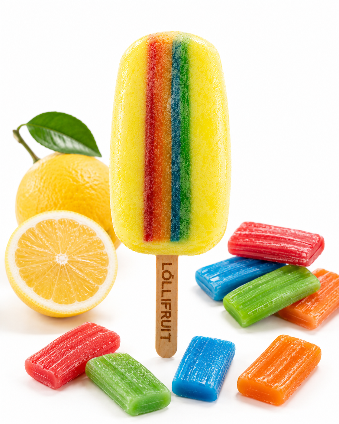 A yellow ice cream bar with a rainbow stripe on it.