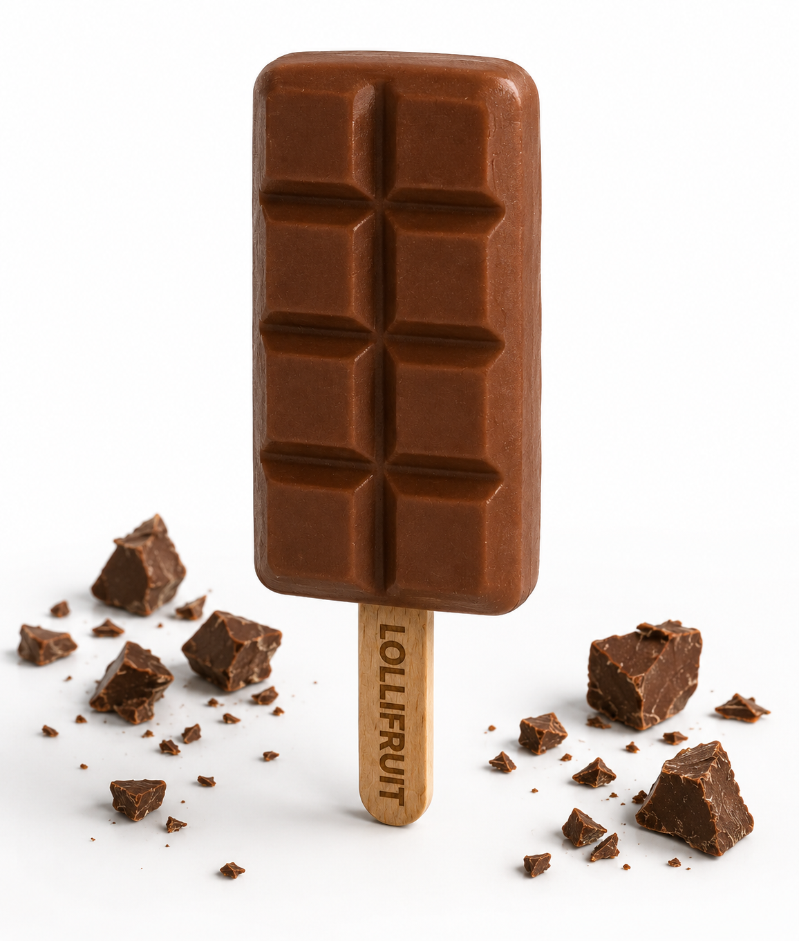 A lollifruit chocolate bar on a stick