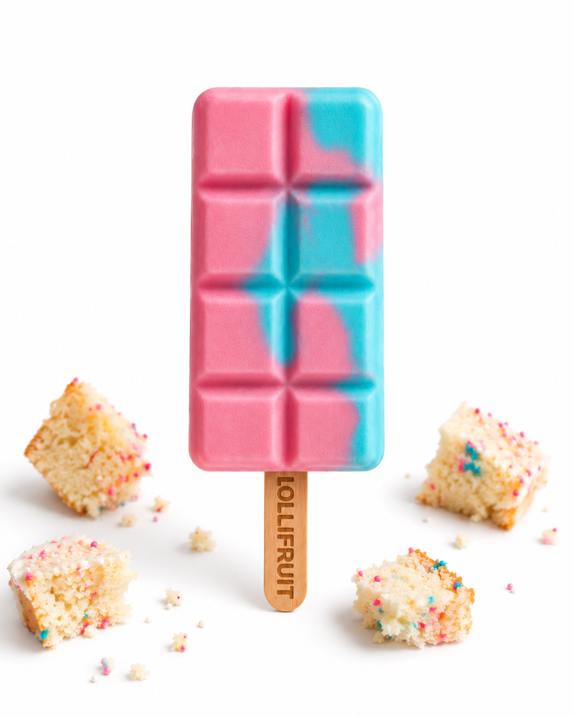 A colorful ice cream bar on a wooden stick.
