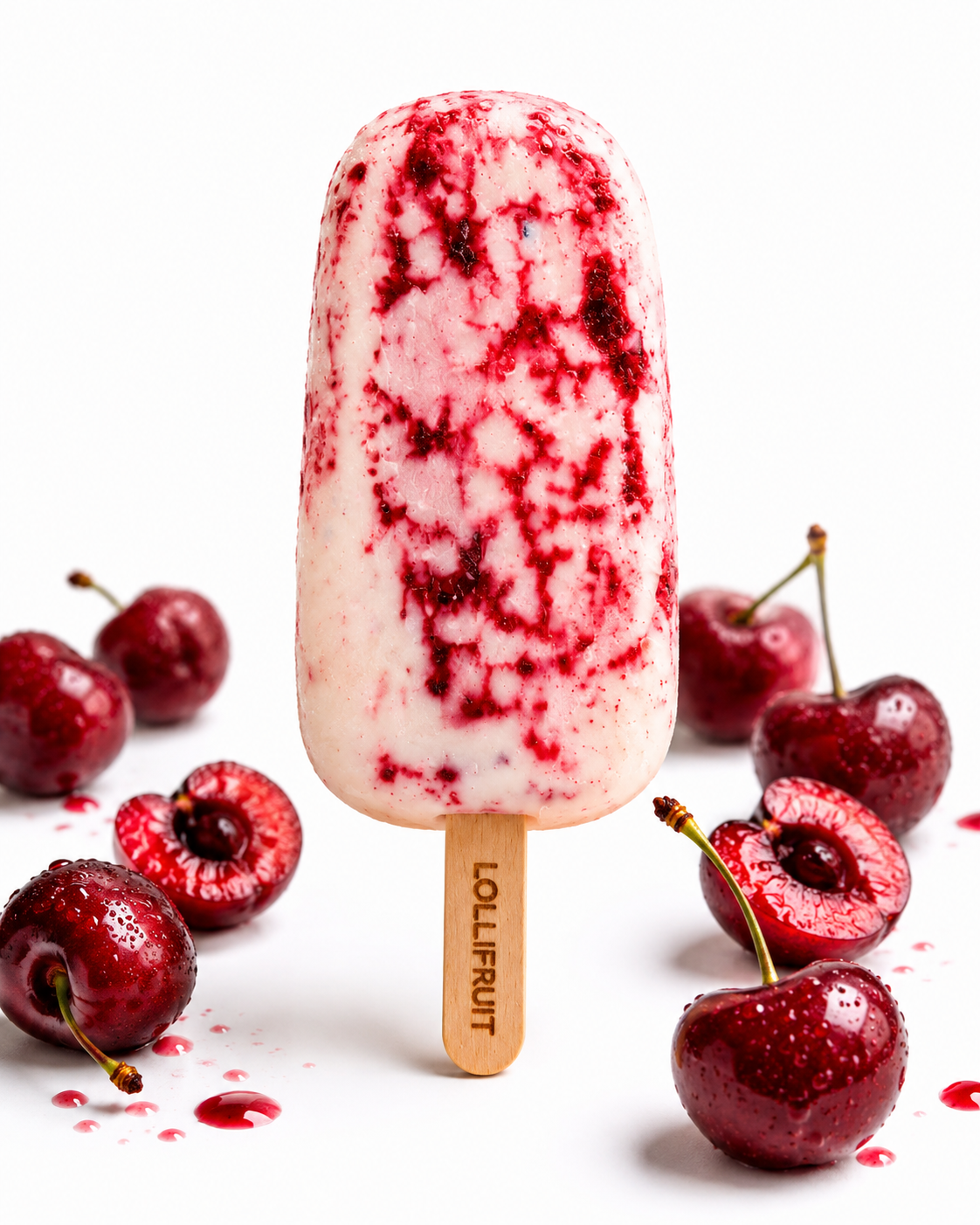 A lollifruit ice cream bar is on a wooden stick.