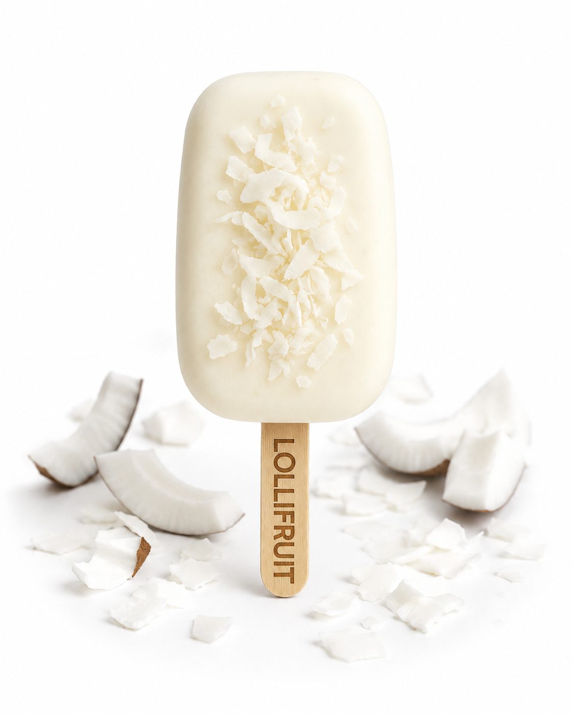 A white lollipop with a wooden stick that says lollifruit on it.