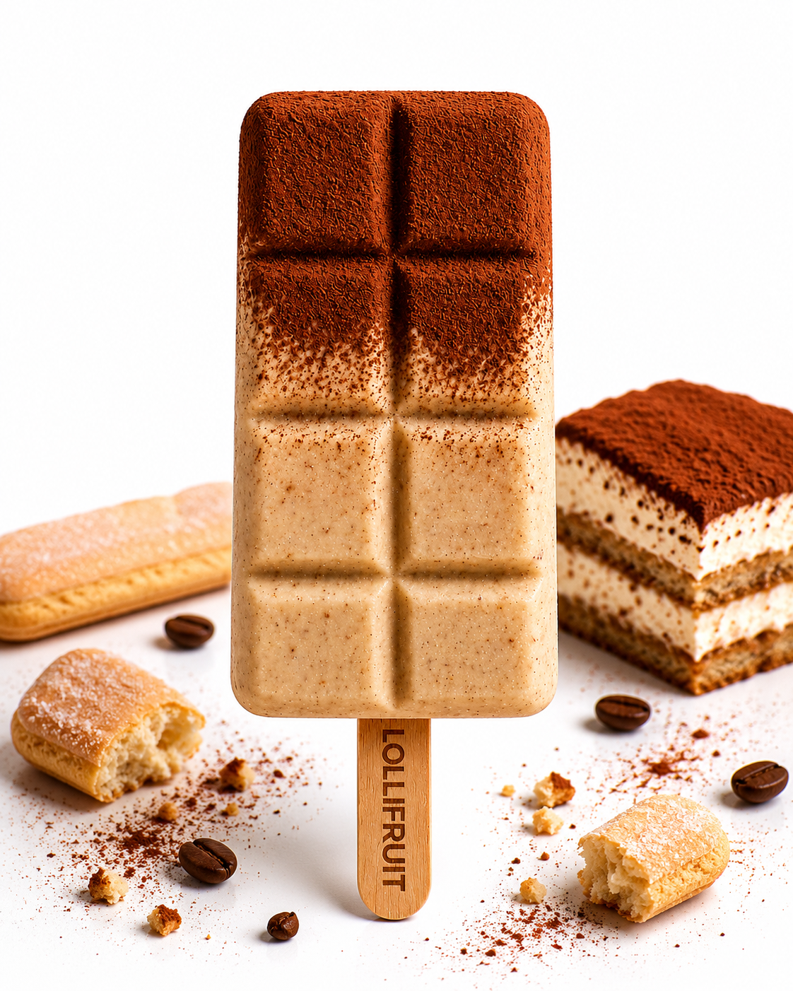 A white ice cream bar with a wooden stick on a pink background.