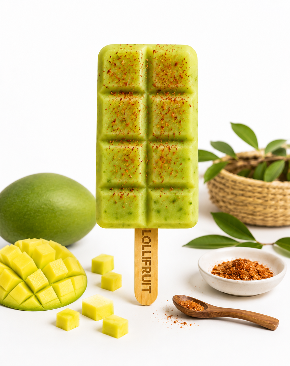 A white lollipop with a wooden stick that says lollifruit