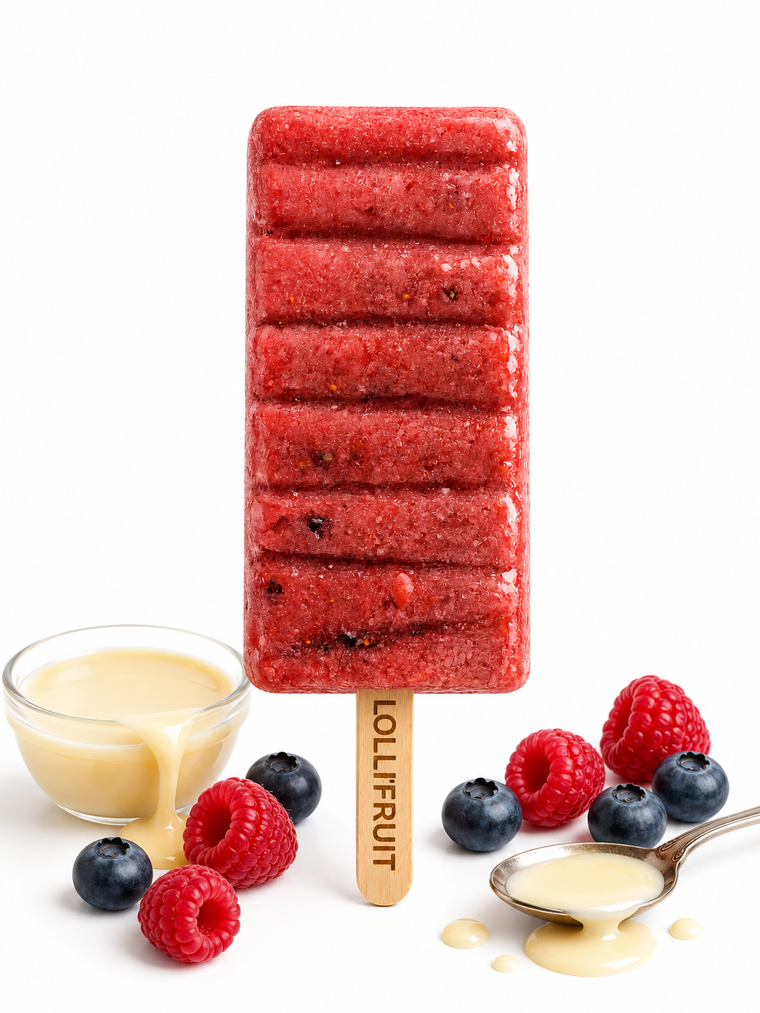 A strawberry popsicle with a wooden stick on a green background.