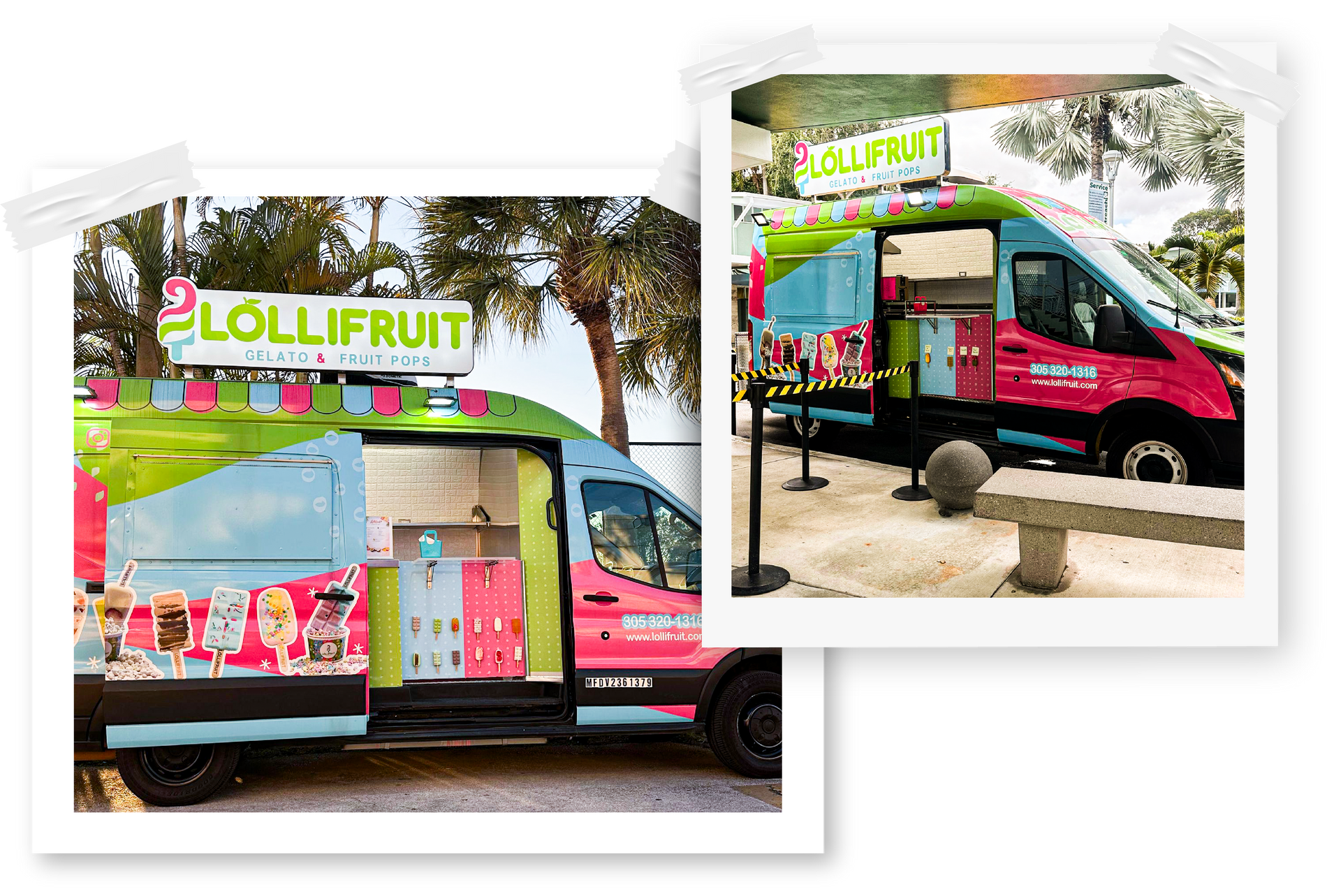 Bright pink-and-black food truck with open serving window and colorful fruit-themed signage