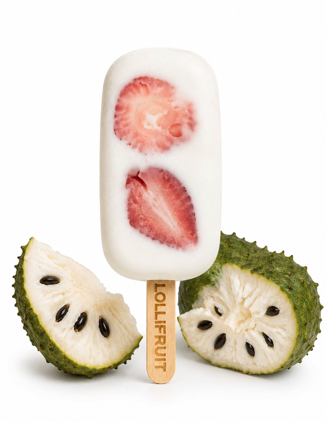 A lollipop with a wooden stick that says lollifruit on it.