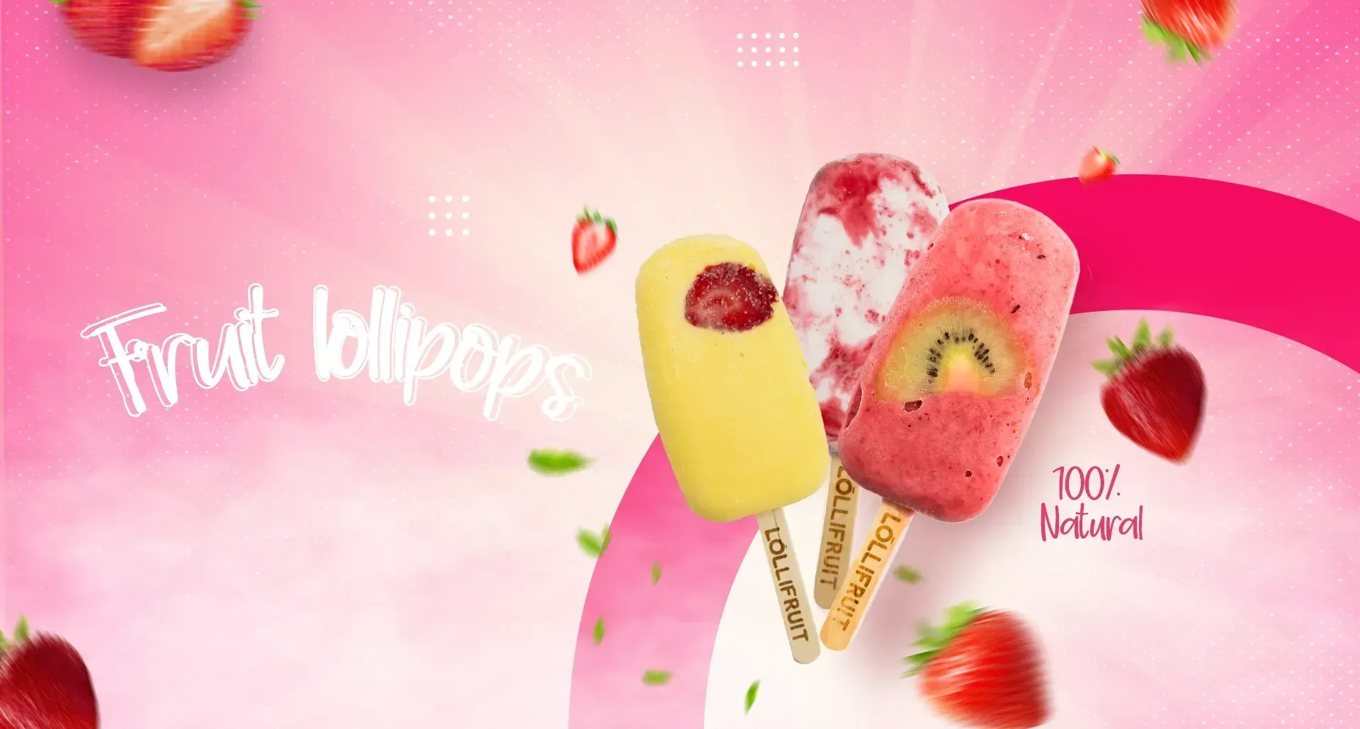 A banner for fruit lollipops with strawberries and kiwi on a pink background.