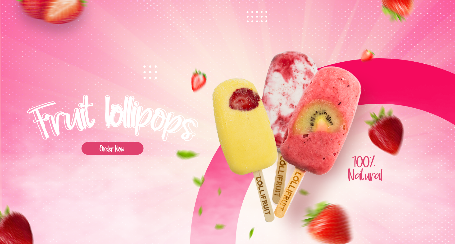 A banner for fruit lollipops with strawberries and kiwi on a pink background.