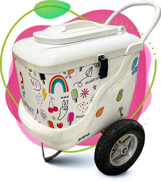 A white cooler with wheels and a handle on a pink background.