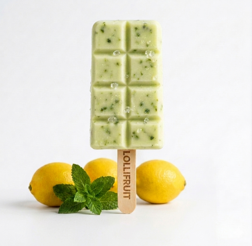A green popsicle with a wooden stick that says lollifruit