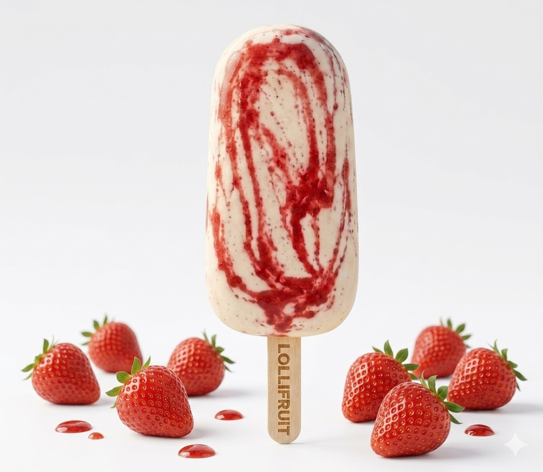 A strawberry and white ice cream bar on a wooden stick.