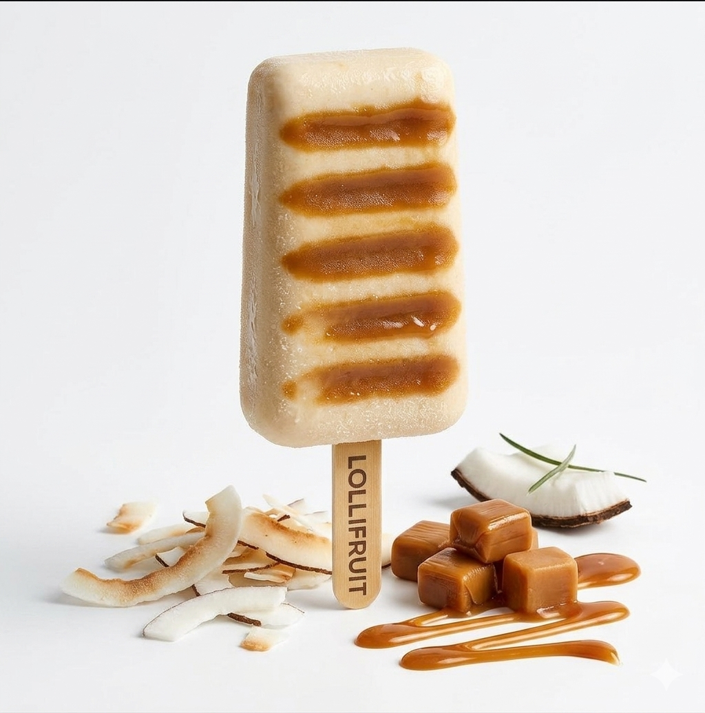 A lollifruit ice cream bar with caramel sauce on it