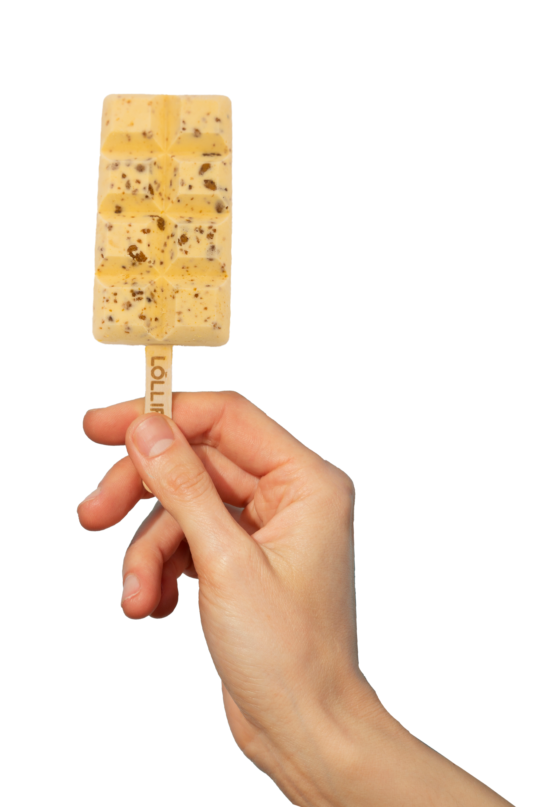 A hand is holding an ice cream bar on a stick.