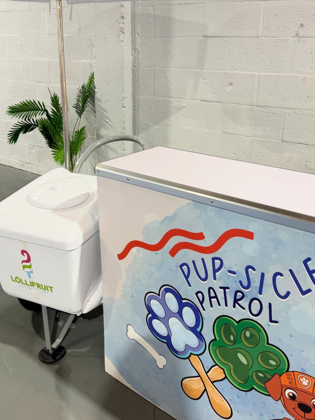 Indoor booth with white recycling bin and colorful “Pup-Sicle Patrol” sign beside a potted plant.