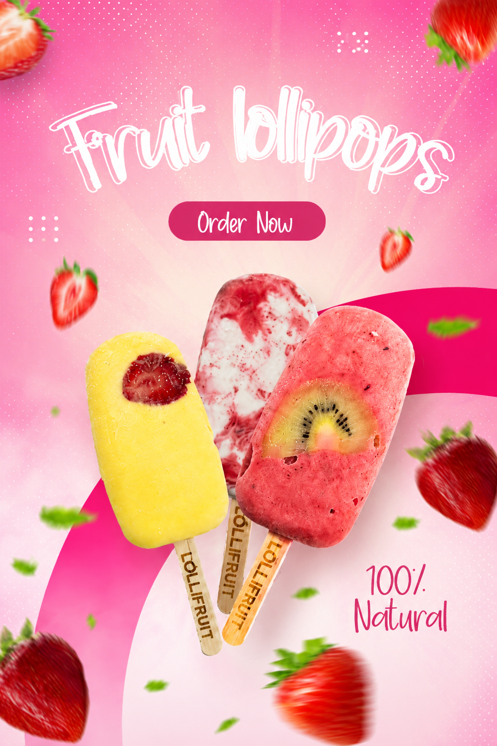 Three different flavors of fruit lollipops on a pink background