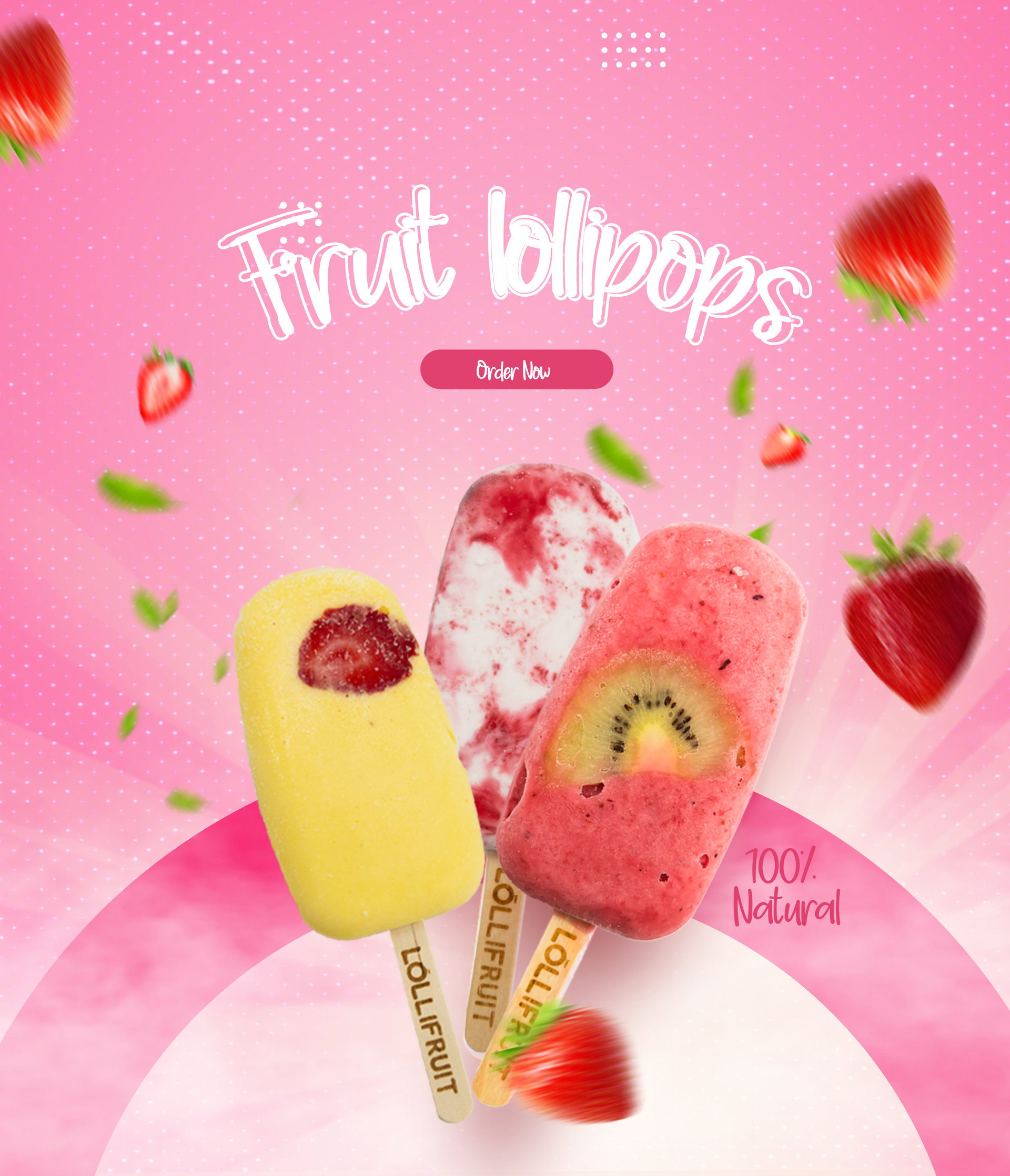 Three different flavors of fruit lollipops on a pink background