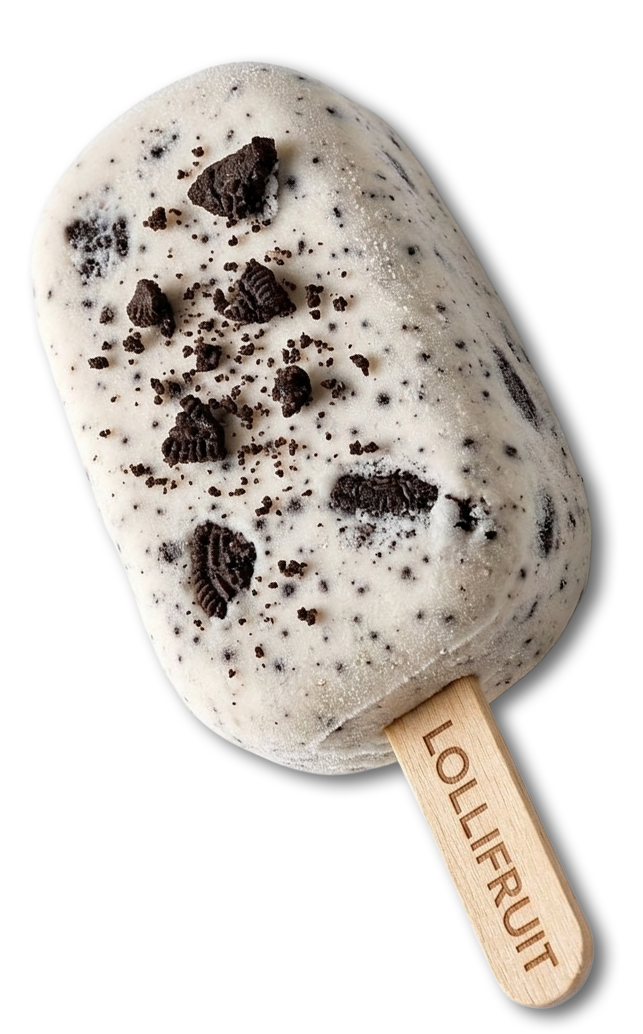 Cookies-and-cream ice cream bar with cookie bits on a stick labeled “Lollifruit”
