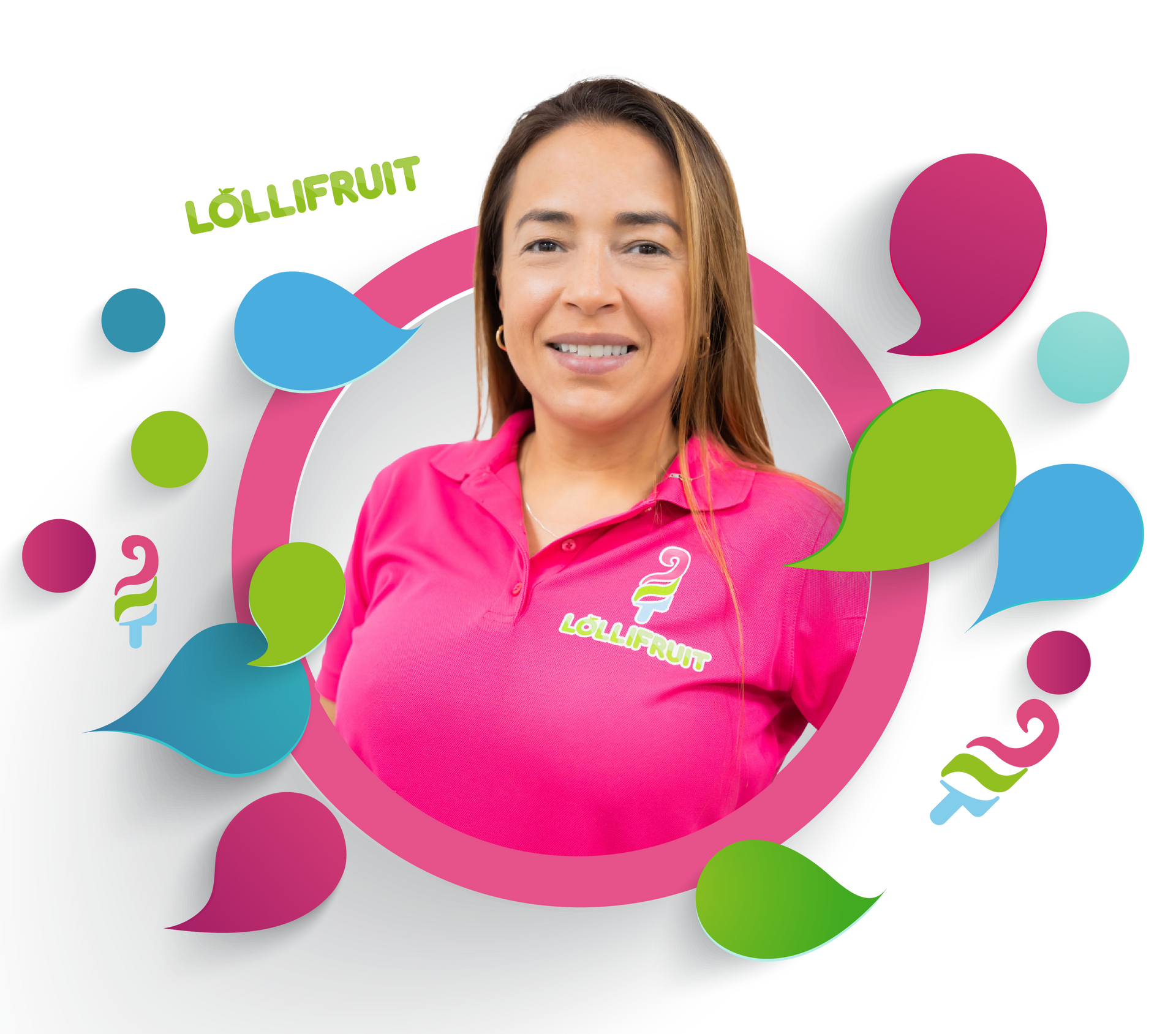 A woman in a pink shirt is surrounded by speech bubbles.