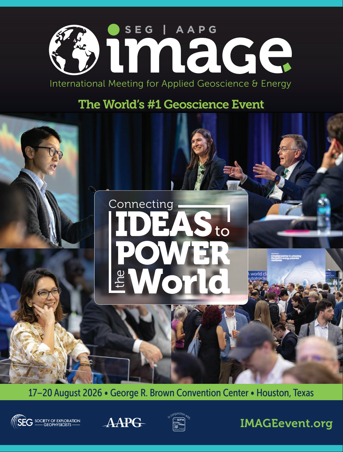 Event poster for SEQ AAPG Image conference, “Ideas Power the World,” with speakers and panel photos.