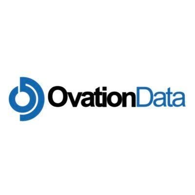 OvationData logo with a blue and black circular design element and the text