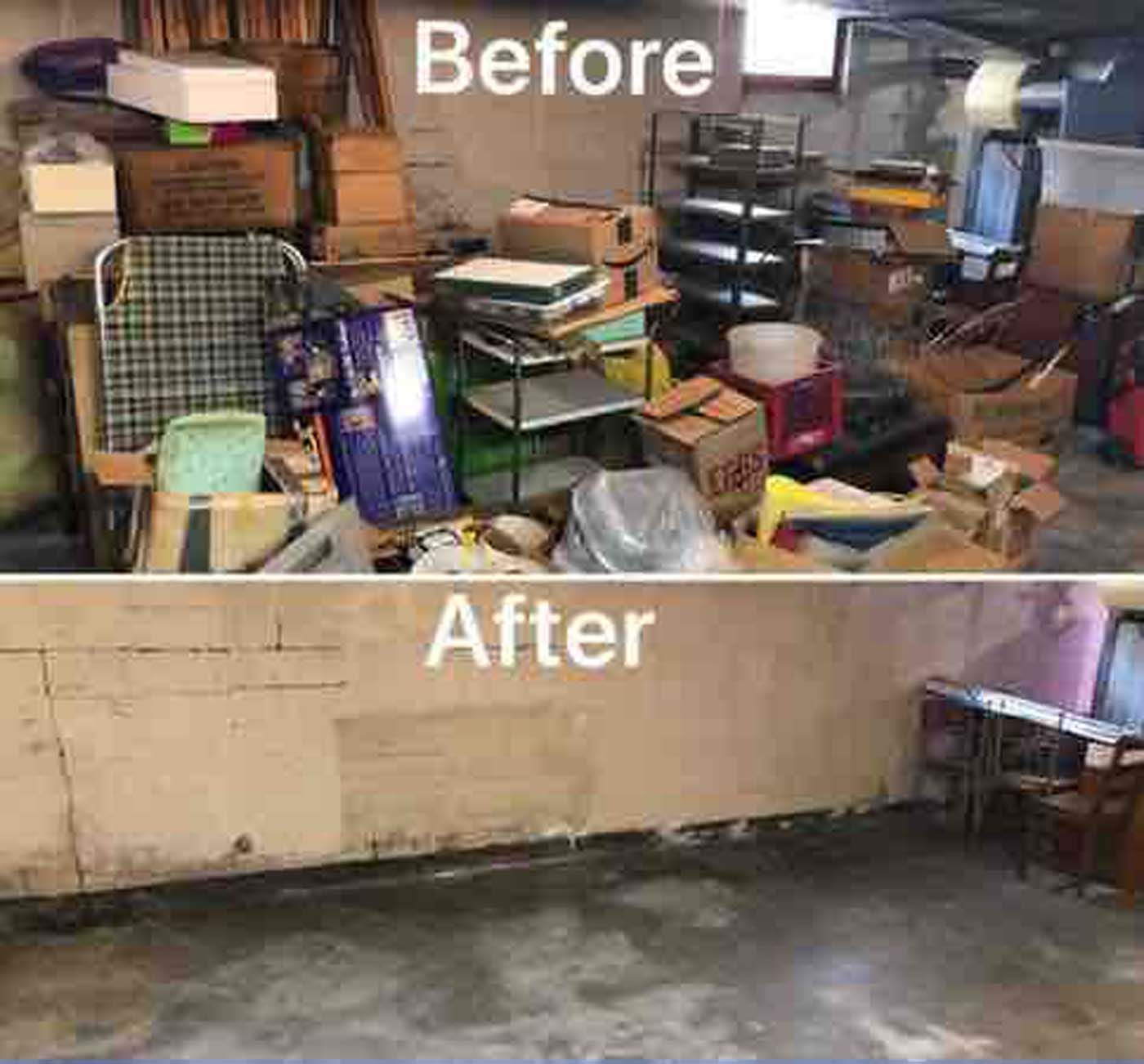 Before and after comparison of a cluttered basement transformed into a clean and empty space.