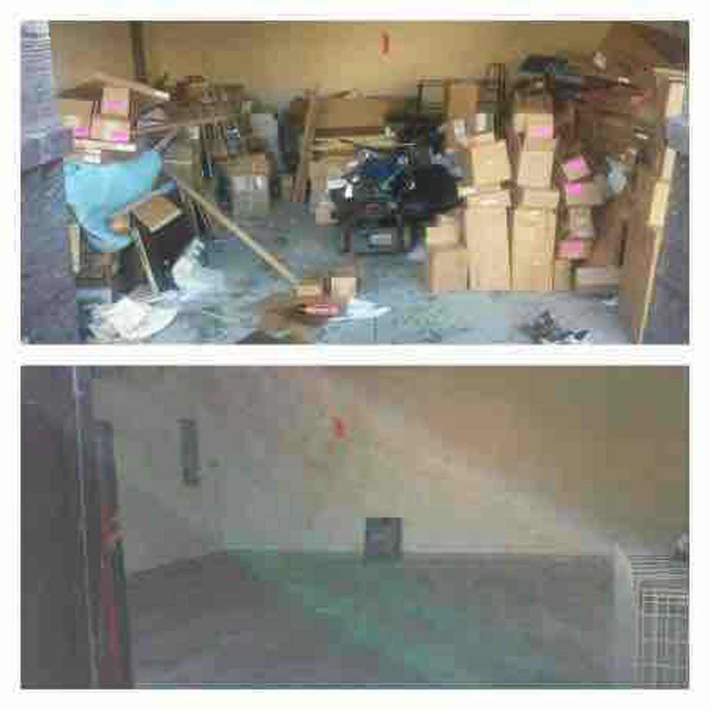 Top: Cluttered storage area with boxes and debris. Bottom: Empty, cleaned storage space.