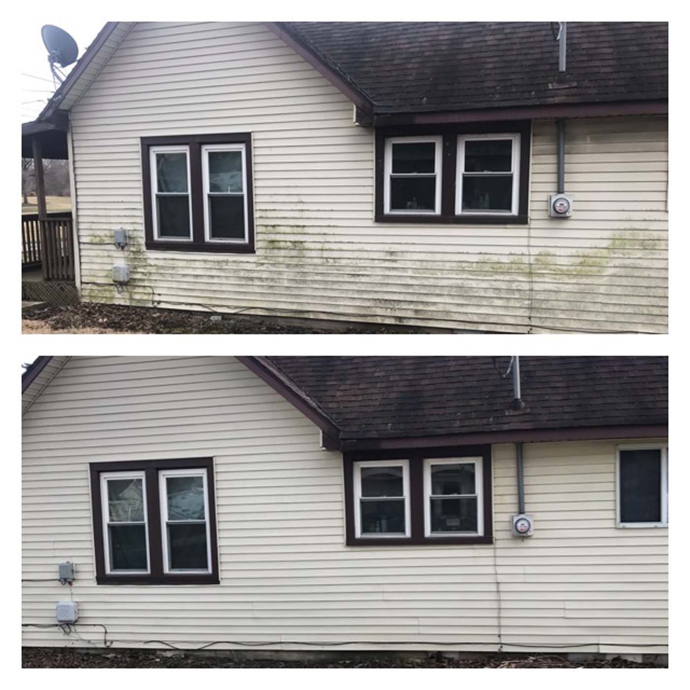 Before and after photos of a house; siding cleaned. Mold and algae removed from beige siding.