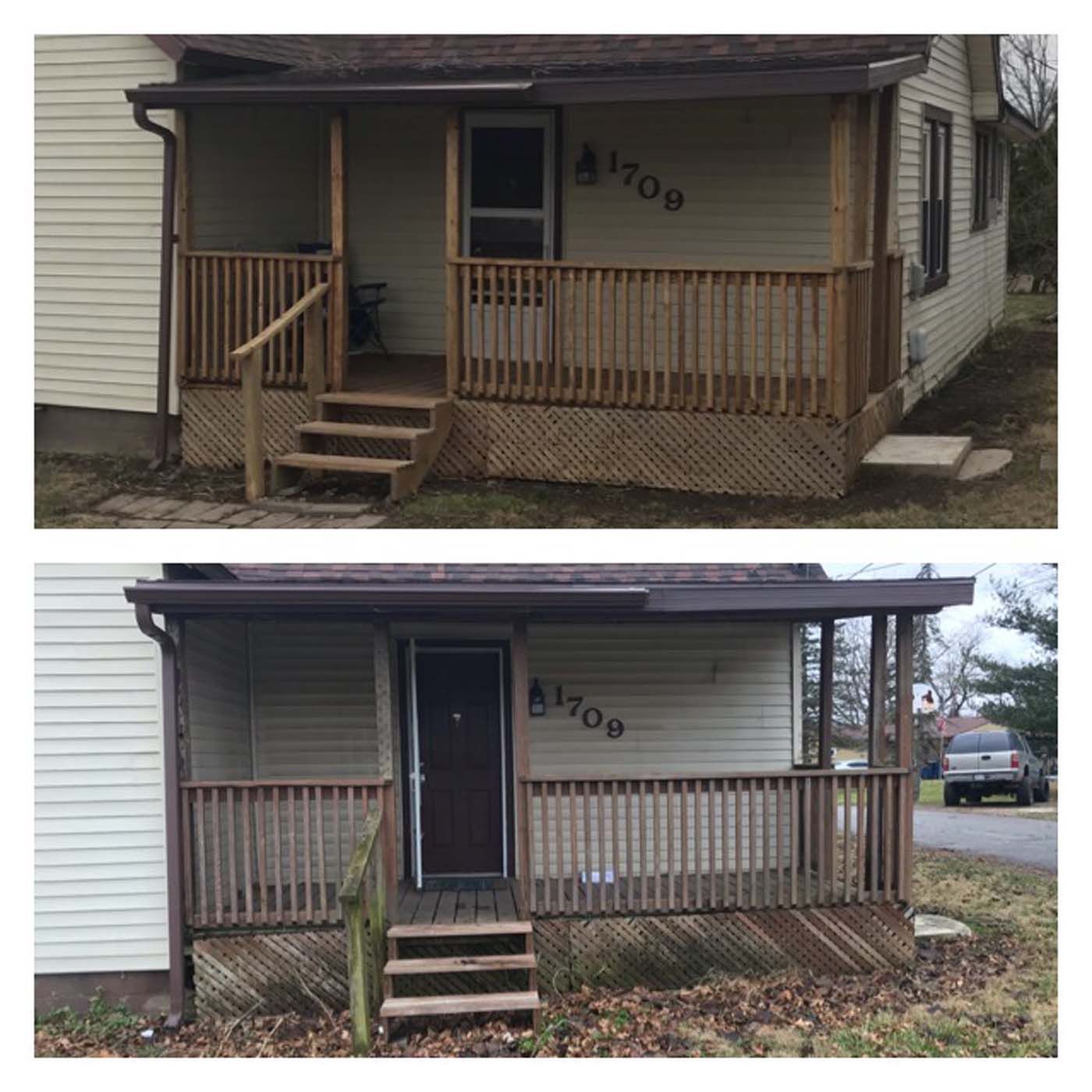 Two views of a house porch before and after, showing brown railing and siding, with the house number