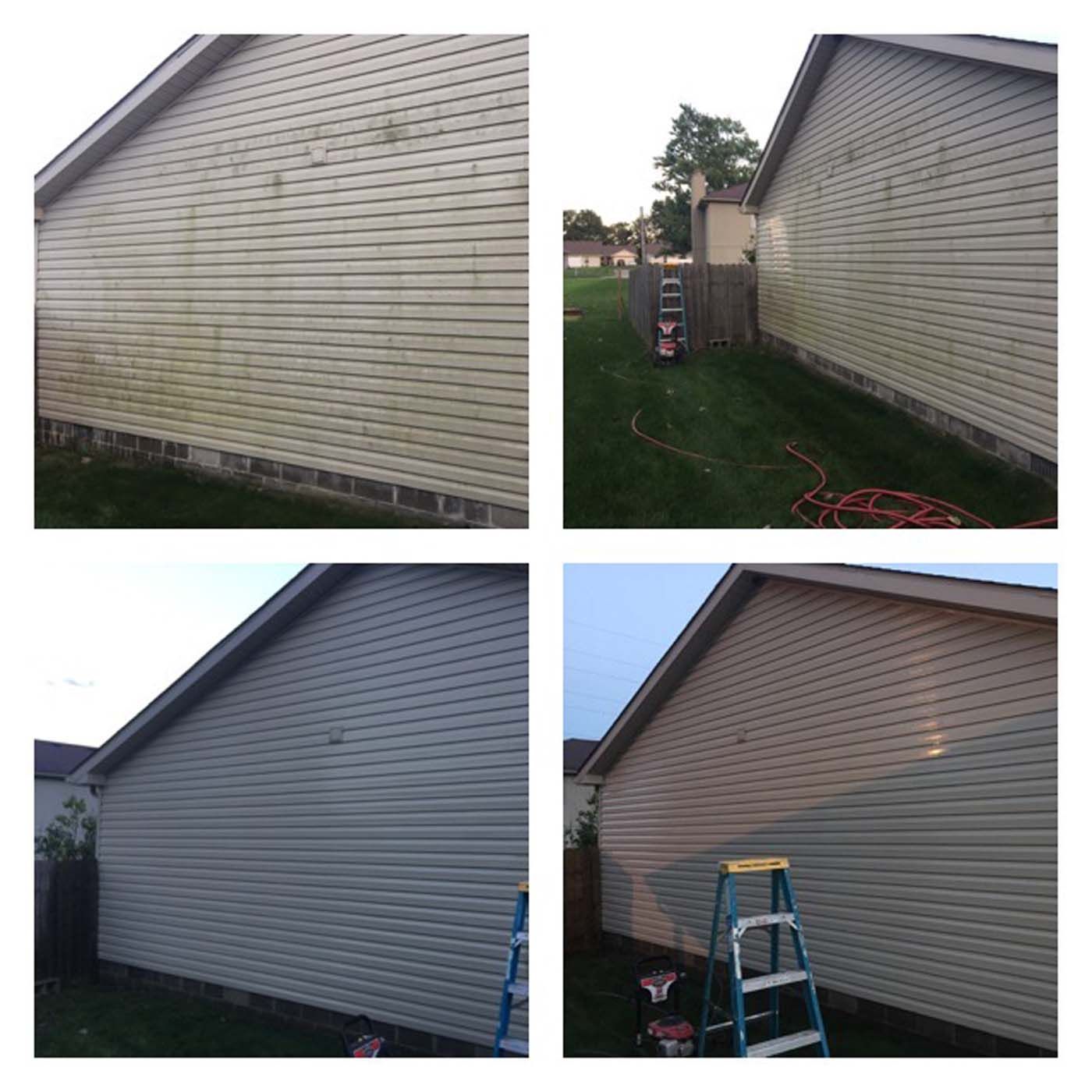 A before-and-after comparison of a house's siding being cleaned with a pressure washer. The siding is now clean and the yard is visible.