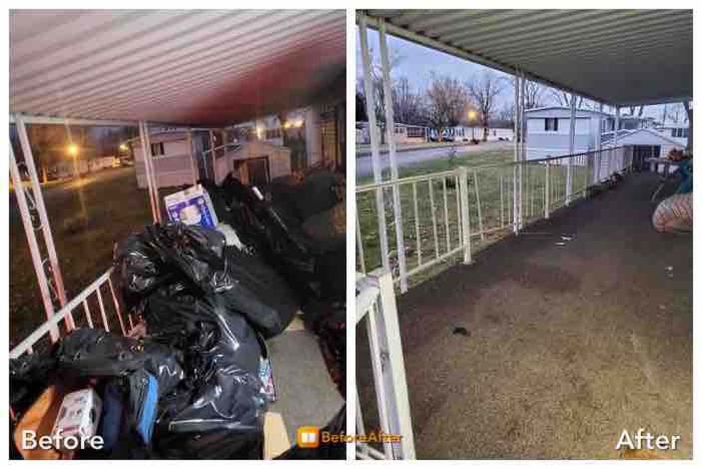 Before and after view of a porch cleanup, showing piles of trash and a clean porch in a neighborhood setting.