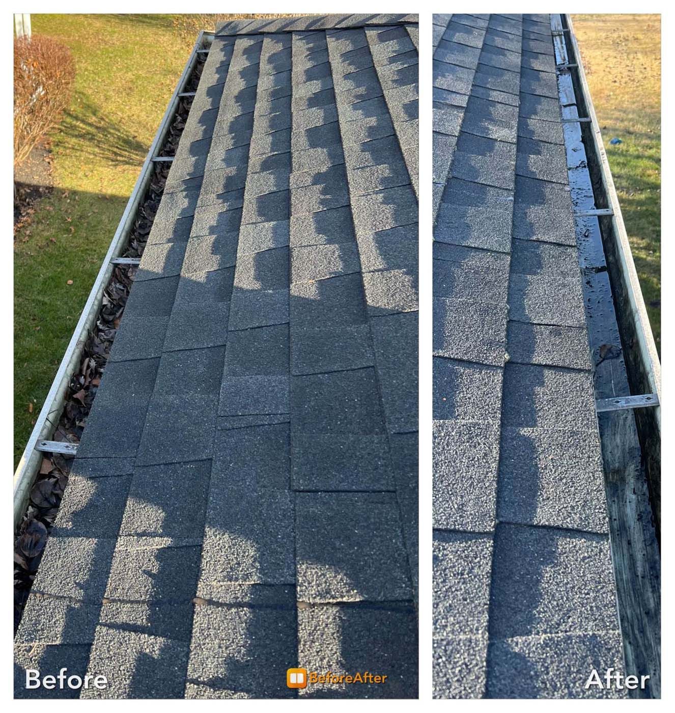 Comparison of roof gutters before and after cleaning. Dark shingles and metal gutters.
