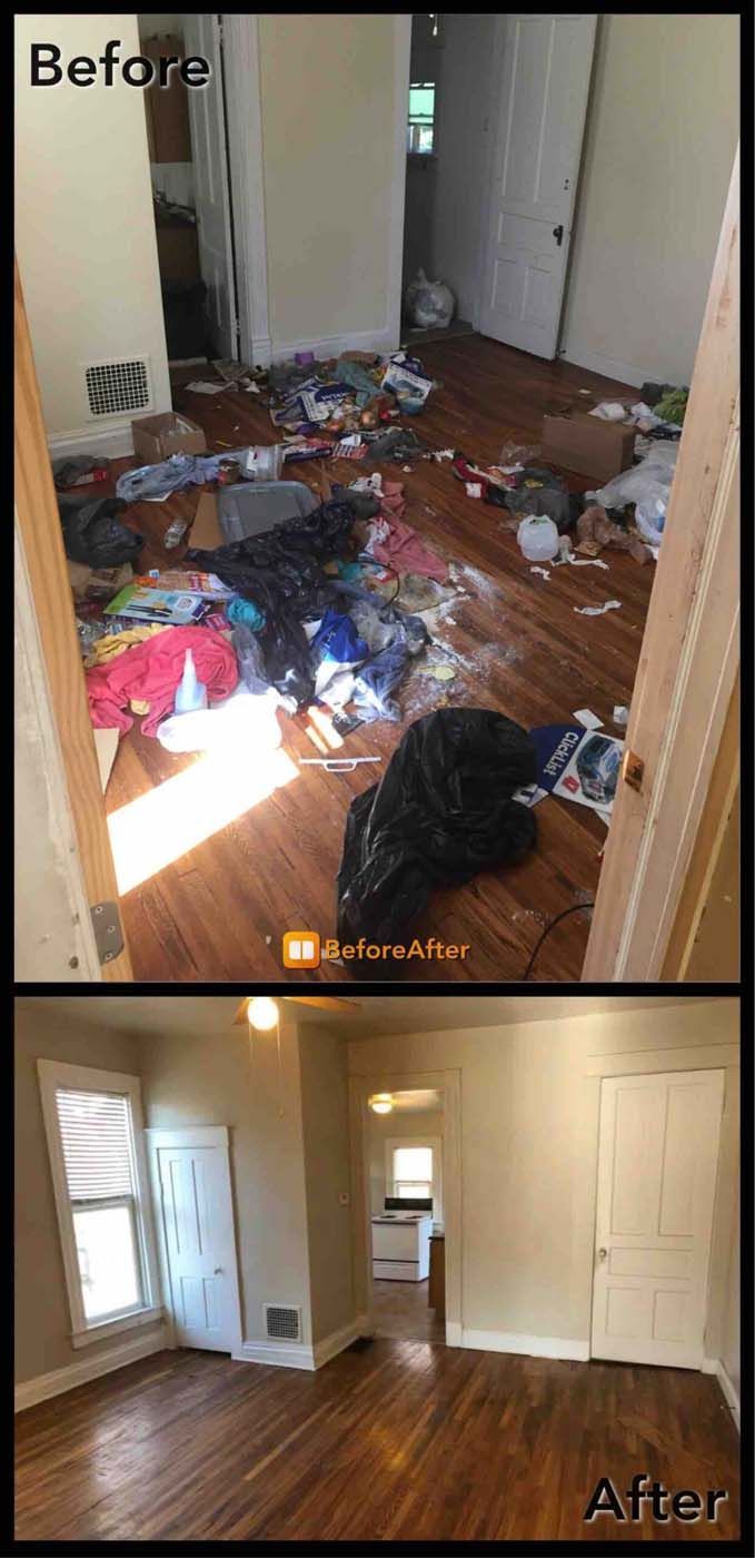 Before and after: messy room transformed into a clean, tidy room with hardwood floors and beige walls.