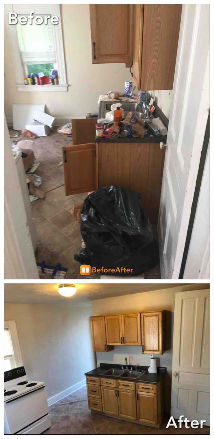 Kitchen before and after: messy room with trash; clean, refurbished kitchen with cabinets and stove.