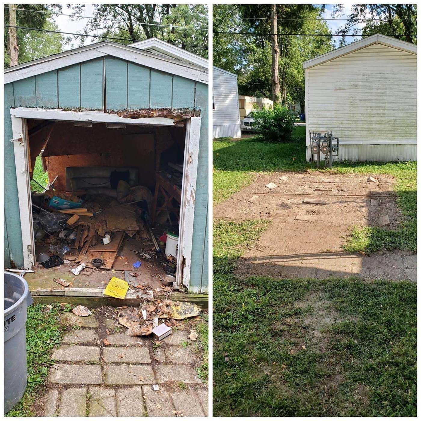A before-and-after of a shed. Before, the shed's interior is cluttered. After, the area is cleared of debris.