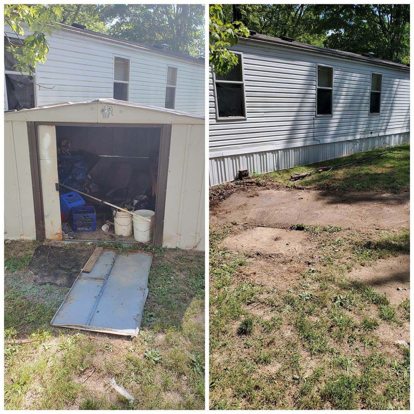 Two-panel view: cluttered shed next to a weathered house; dirt patch in front.
