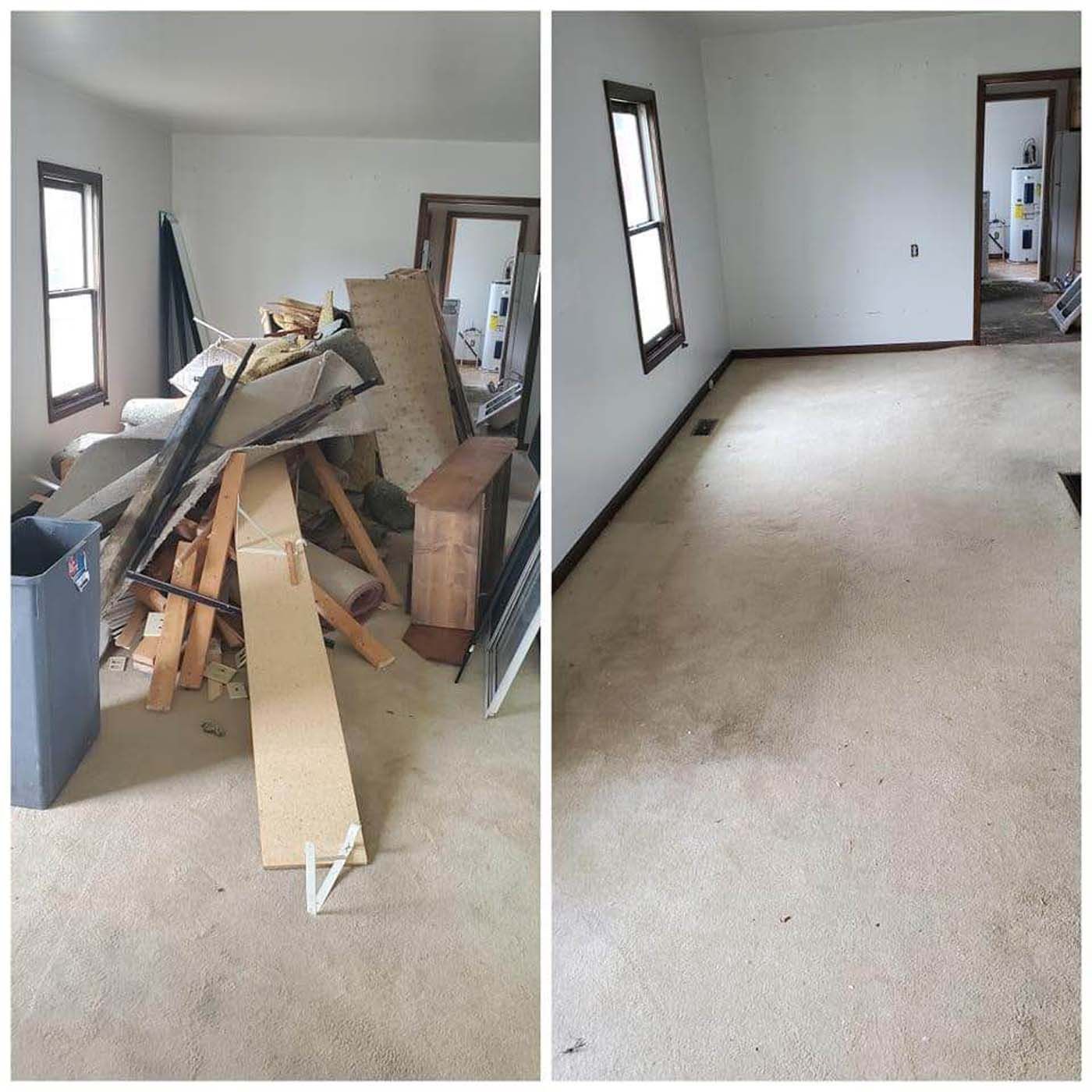 Before and after of a room. Left image: cluttered with debris. Right image: clean room with carpet.