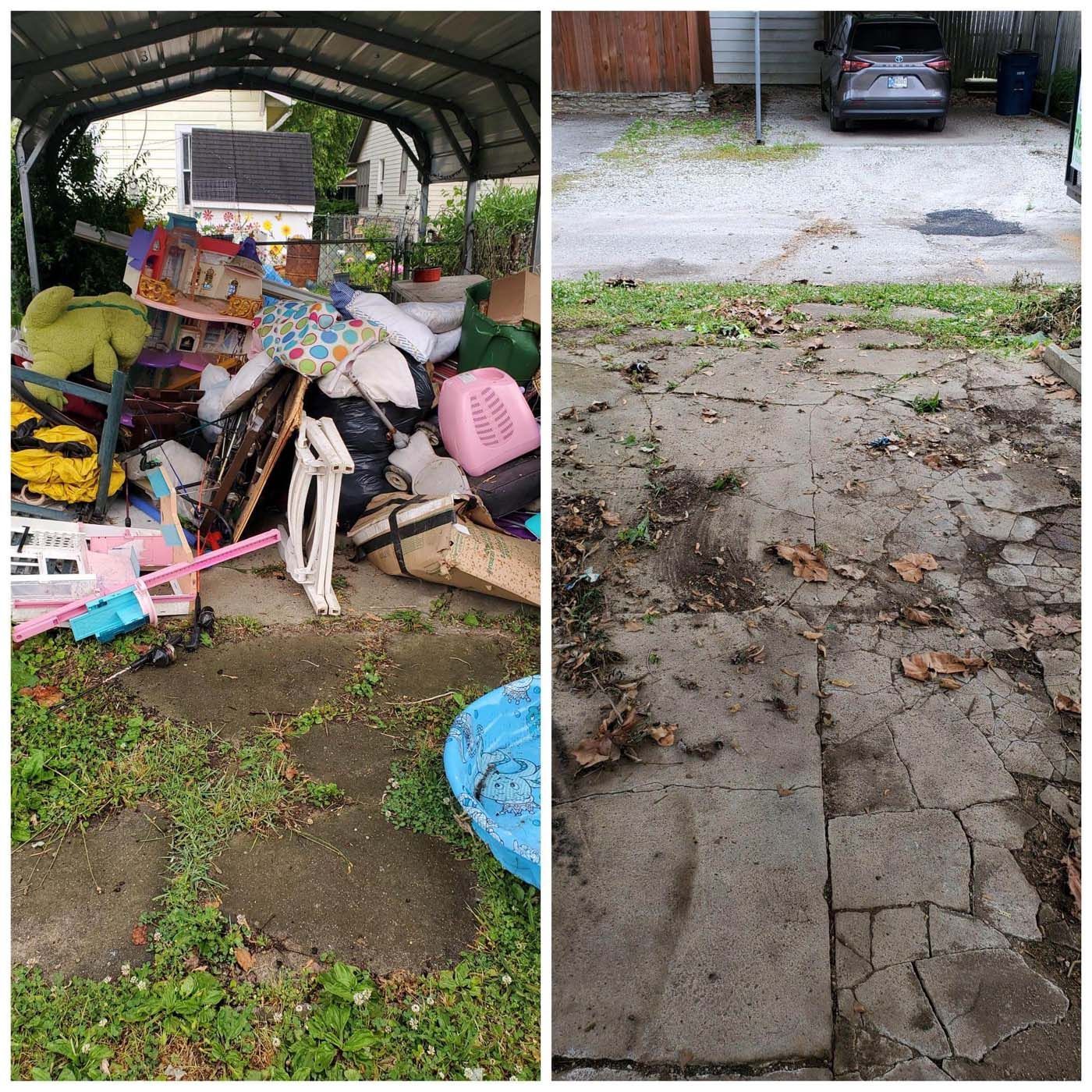 A before-and-after showing an outdoor area. Left: cluttered with junk. Right: cleaned up, concrete path.