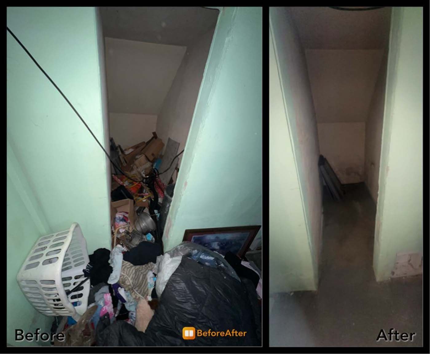 Before and after photos of a small, cluttered storage space. After is clean.