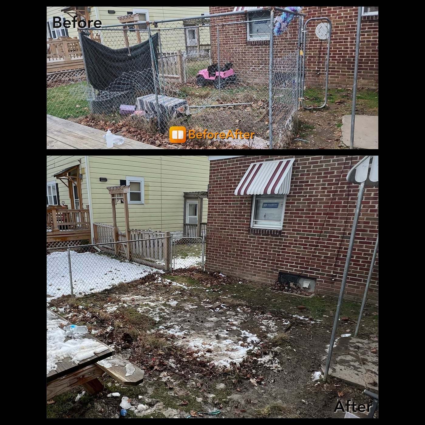 Before and after comparison: a yard with a chain-link fence, snow, and debris, changing from cluttered to cleared.