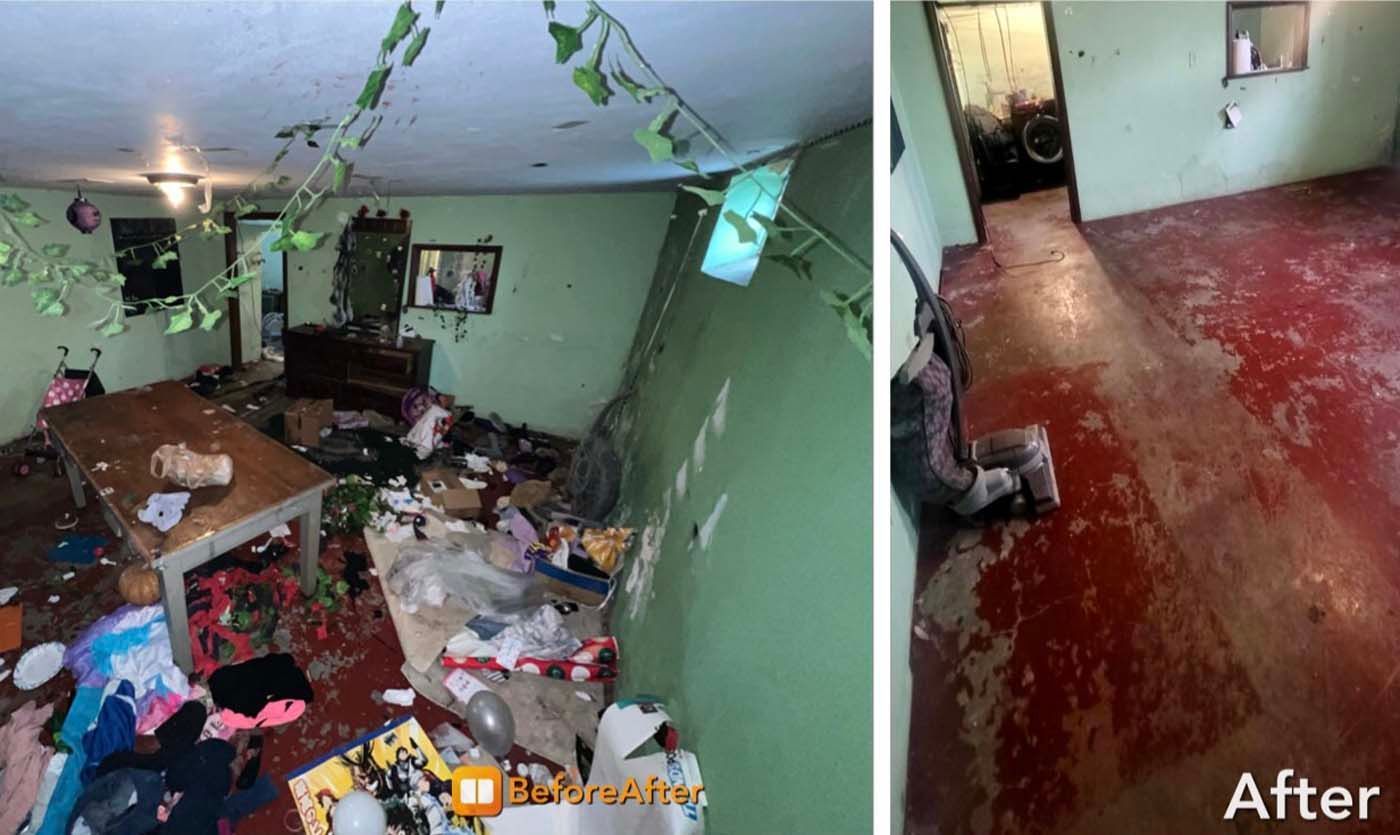 Left: Messy room with debris. Right: Clean room, red floor.