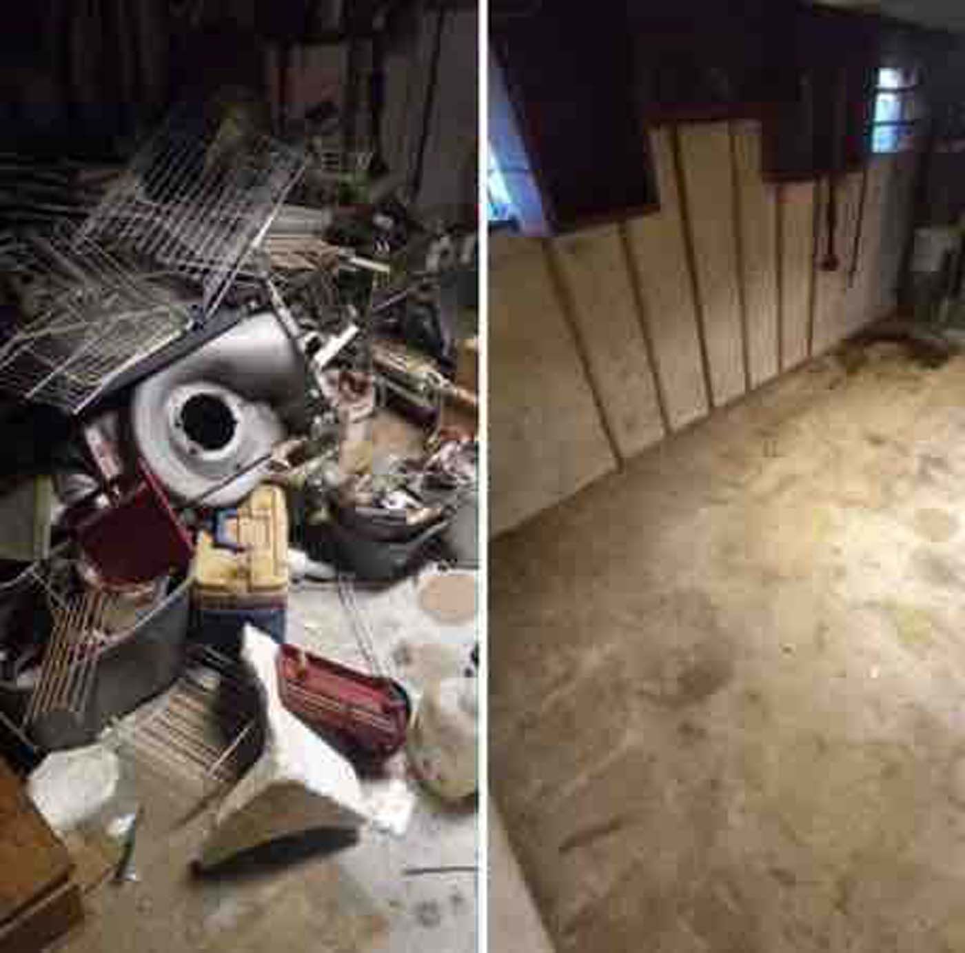 Before and after of a cluttered room transformed into a clean concrete floor with a staircase.
