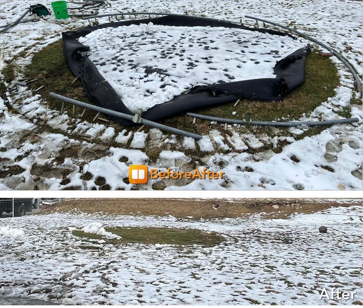 Trampoline disassembly in snowy yard; black fabric circle and metal frame pieces, Before/After view.