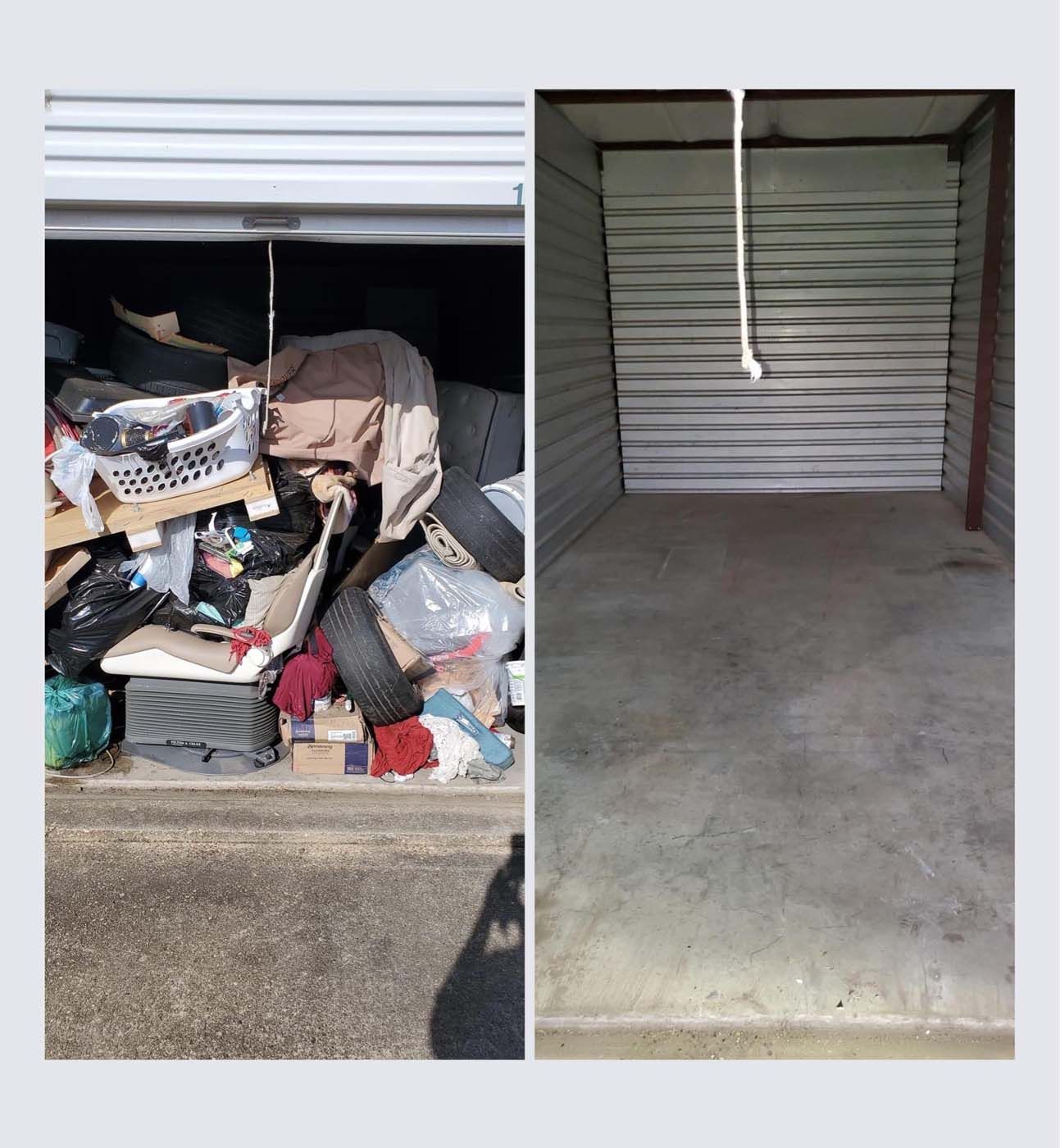 Storage unit comparison: cluttered on left, empty on right. Gray walls and concrete floor visible.
