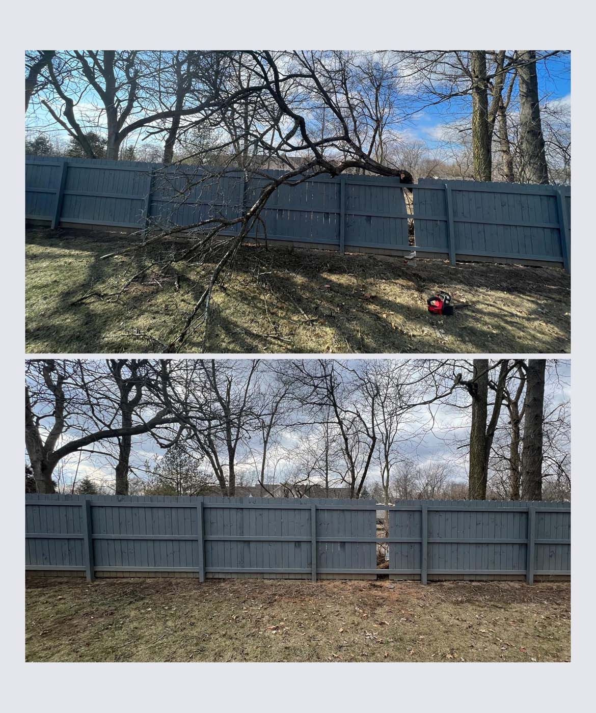 Top: Fallen tree branch over a gray fence. Bottom: Cleared area, fence intact.