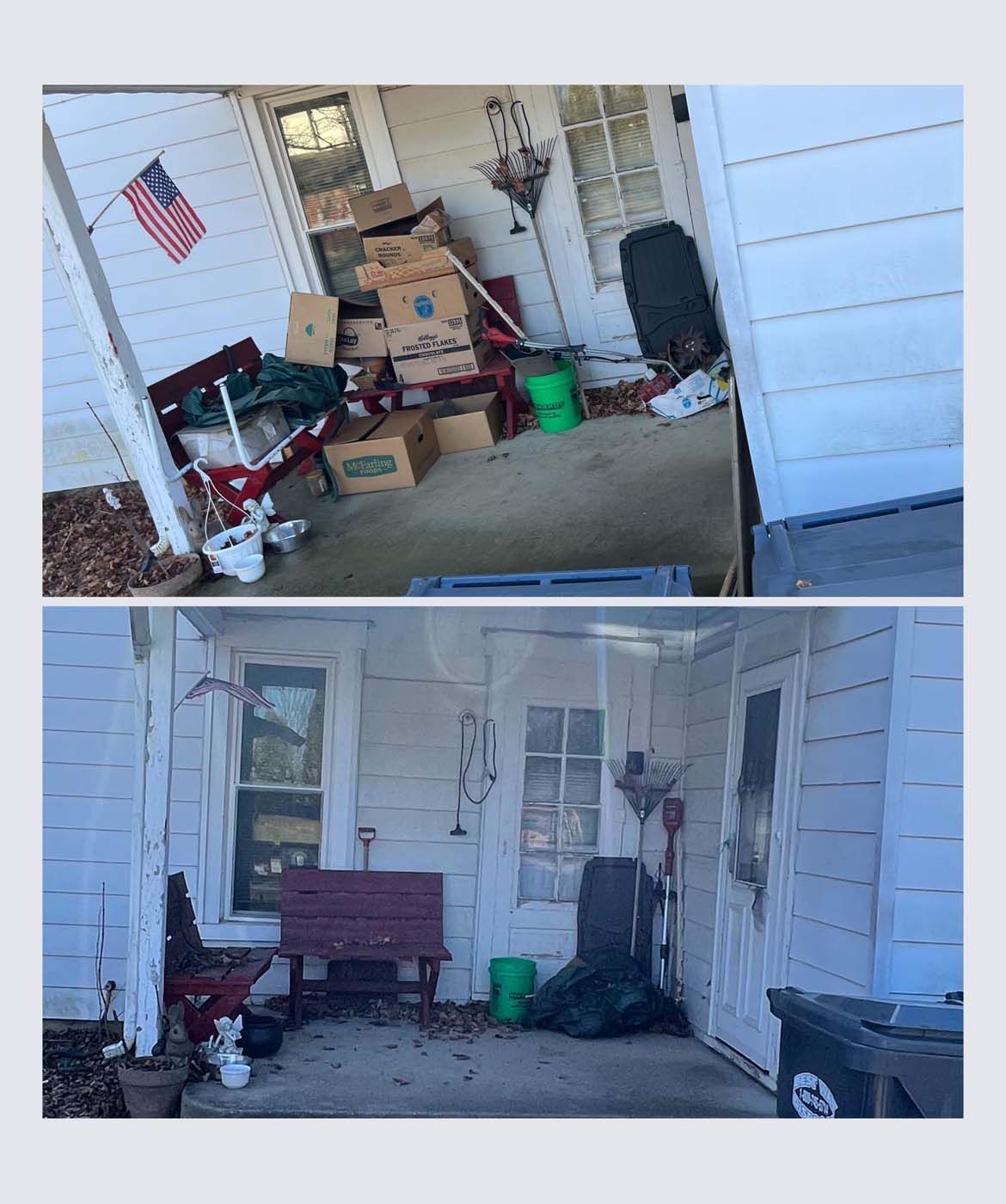 Top: Porch cluttered with boxes, trash, and a bench. Bottom: Cleaned-up porch with bench, plants, and trash cans.
