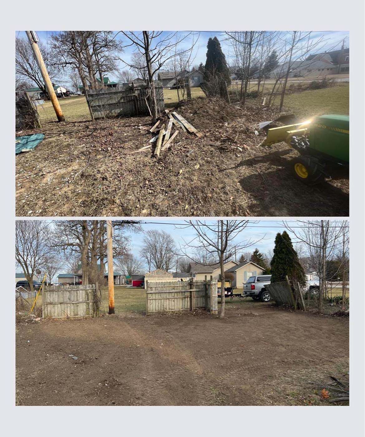 Before and after photos of a yard cleanup. Brown leaves and debris cleared to reveal bare soil.